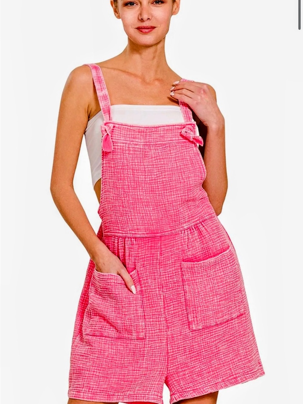 Zenana Outfitters Fuscia Double Gauze Short Overalls Romper